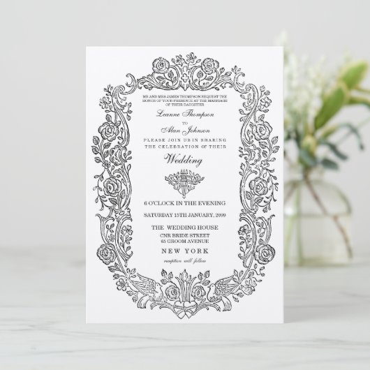 Elegante koninklijke sprookjesvogels grens bruilof kaart (Staand voorkant)