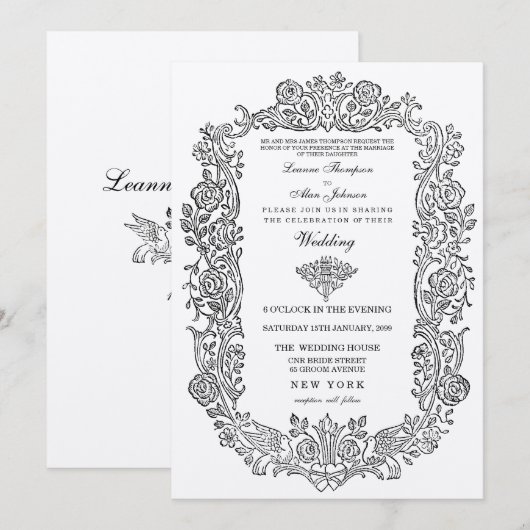 Elegante koninklijke sprookjesvogels grens bruilof kaart (Voorkant / Achterkant)