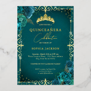 Elegante Koninklijke Teal Roze Quinceanera Folie Uitnodiging