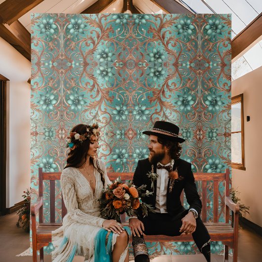 Elegante koper turquoise bloem formeel wandkleed