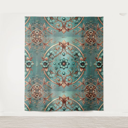 Elegante koper turquoise bloemige ring formeel wandkleed (Voorkant)