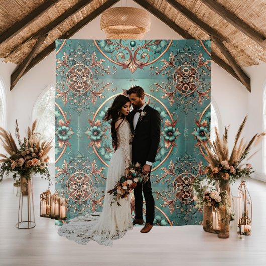 Elegante koper turquoise bloemring formeel wandkleed