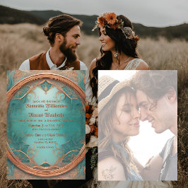 Elegante koper turquoise bruiloft uitnodiging