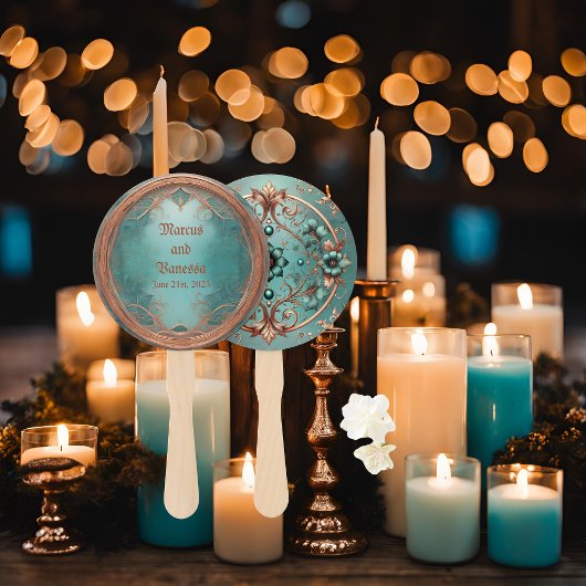 Elegante koper turquoise tuin bruiloft fans handwaaier