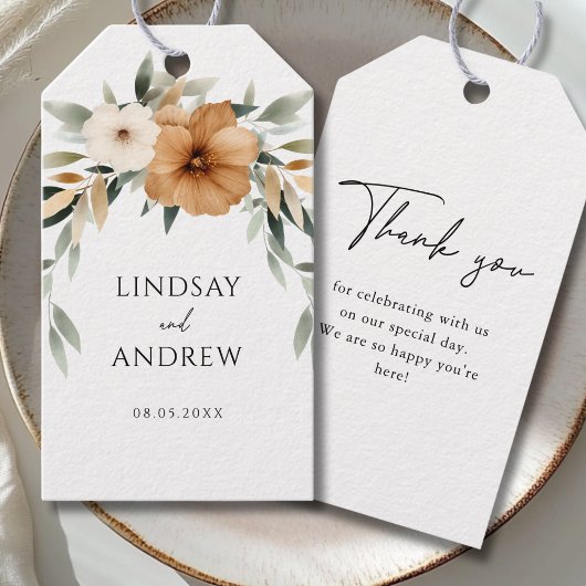 Elegante koperen & aardse botanische bruiloft cadeaulabel