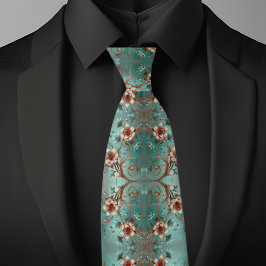 Elegante koperen en turquoise bloempatroon stropdas