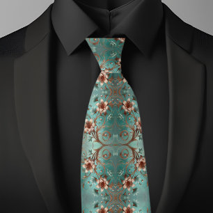 Elegante koperen en turquoise bloempatroon  stropdas
