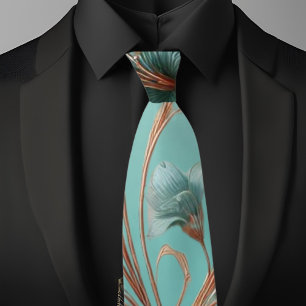 Elegante koperen en turquoise grote bloempatroon stropdas