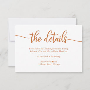 Elegante koperen kalligrafie huwelijksdetails kaar RSVP kaartje