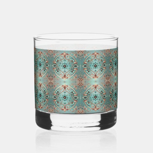 Elegante koperturquois bloemencirkels whisky glas (Voorkant)