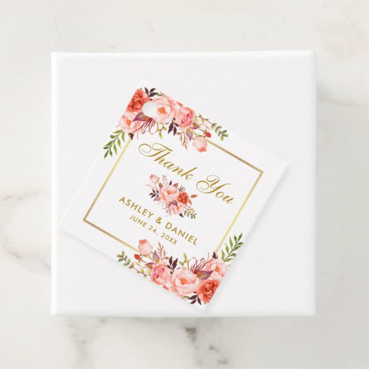 Elegante koraal bloemengoud bruiloft dank u bedankjes labels (In situ)