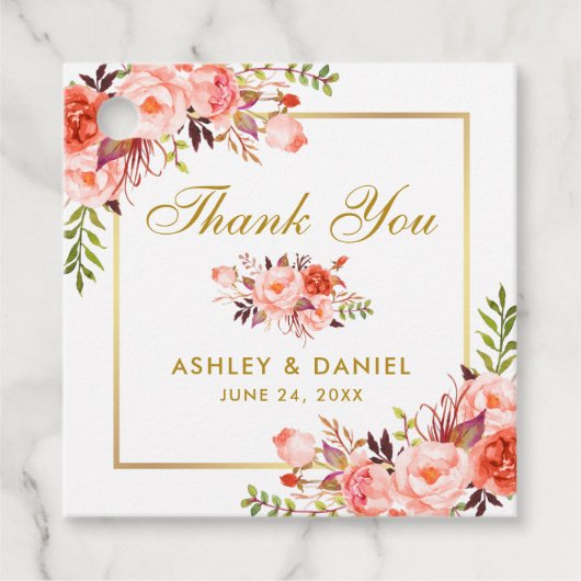 Elegante koraal bloemengoud bruiloft dank u bedankjes labels (Voorkant)