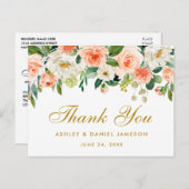 Elegante koraal bloemengoud bruiloft dank u briefkaart (Voorkant / Achterkant)
