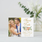 Elegante koraal bloemengoud foto Save the Date Briefkaart (Staand voorkant)