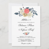 Elegante koraal bloemenislamitische moslim bruilof kaart (Voorkant)