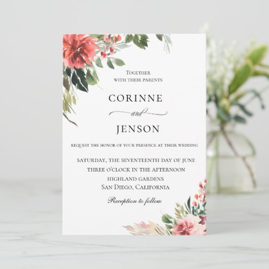 Elegante koraal botanische bruiloft kaart (Staand voorkant)