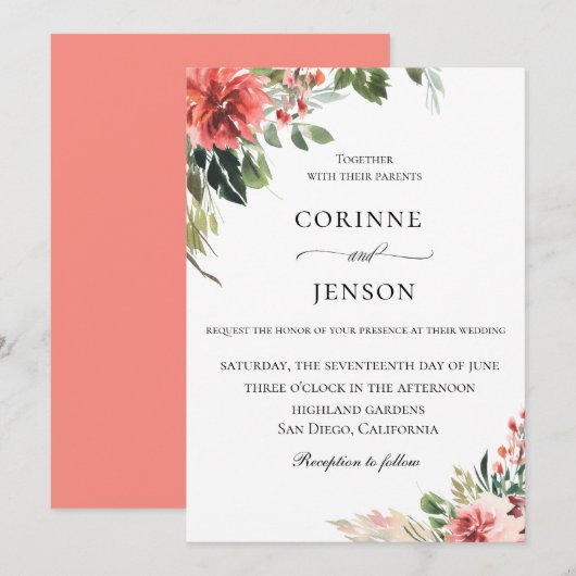 Elegante koraal botanische bruiloft kaart (Voorkant / Achterkant)