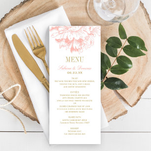 Elegante Koraal en Gouden Bloemige Pioen Huwelijk Menu