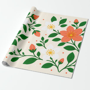 Elegante koraal- en witte bloemen met groen blad cadeaupapier