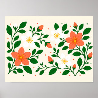 Elegante koraal- en witte bloemen met groen blad poster