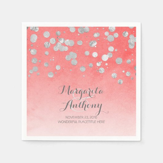 Elegante Koraal en Zilveren bruiloft Servetten (Voorkant)