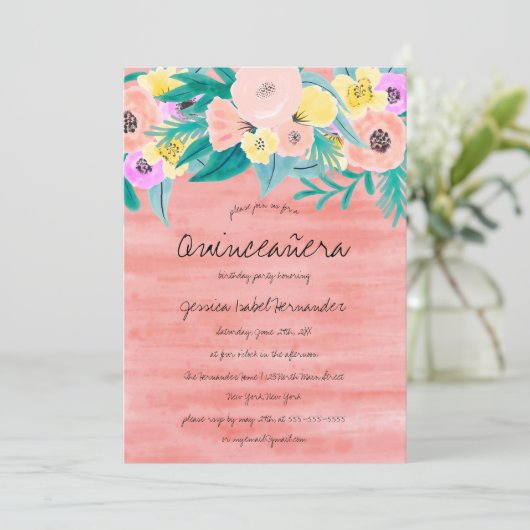 Elegante Koraal Geel Bloemen Waterverf Quinceañera Kaart (Staand voorkant)