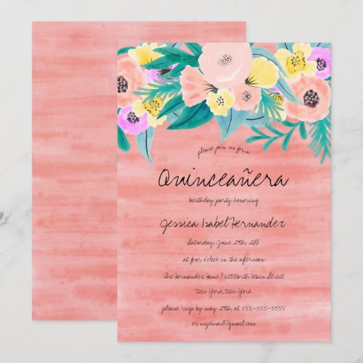 Elegante Koraal Geel Bloemen Waterverf Quinceañera Kaart (Voorkant / Achterkant)