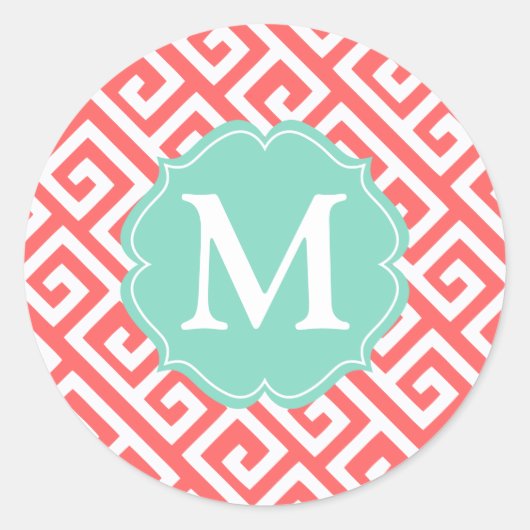 Elegante koraal Griekse sleutel gepersonaliseerd Ronde Sticker (Voorkant)