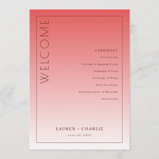 Elegante Koraal Huwelijksceremonie Programmakaart (Voorkant)