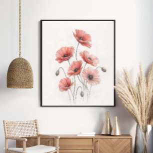 Elegante Koraal Klaprozen Botanische Bloemkunst Poster