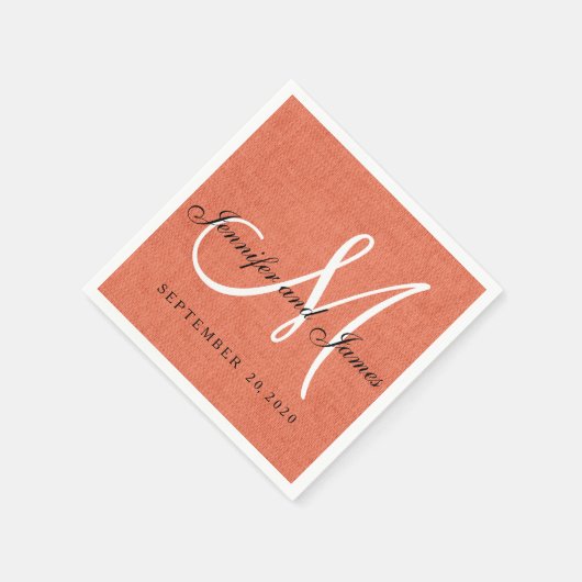 Elegante Koraal Linnen Monogram Trouwpapier Servet (Hoek)