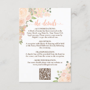 Elegante koraal perzik bloemenbruiloft details QR- Informatiekaartje