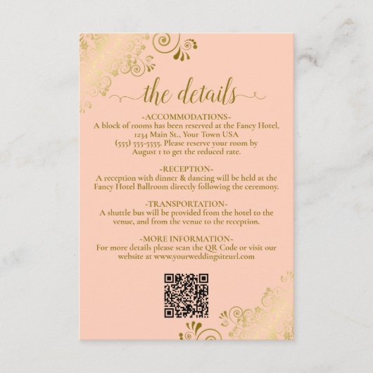 Elegante koraal perzik & gouden bruiloft QR Code D Informatiekaartje (Voorkant)