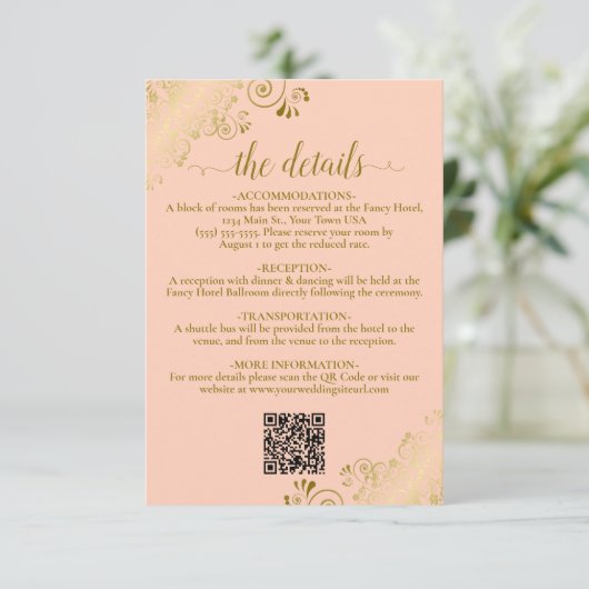 Elegante koraal perzik & gouden bruiloft QR Code D Informatiekaartje (Staand voorkant)