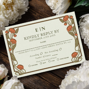 Elegante Koraal Pioen Art Nouveau Bloemige Bruilof RSVP Kaartje