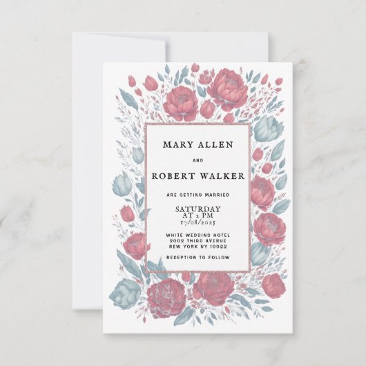 Elegante koraal roze lichtblauwe bloemen lijst bru kaart (Voorkant)