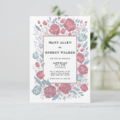 Elegante koraal roze lichtblauwe bloemen lijst bru kaart (Staand voorkant)