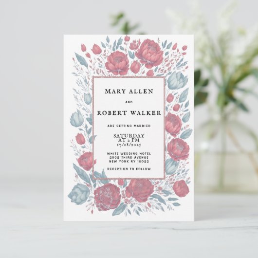 Elegante koraal roze lichtblauwe bloemen lijst bru kaart (Staand voorkant)