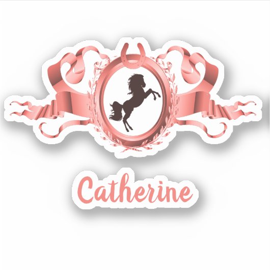 Elegante Koraal Roze Paard Ribbon Crest Naam Sticker (Voorkant)
