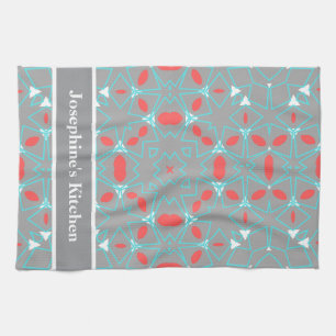 Elegante Koraal Turquoise Grijs Geometrisch Patroo Theedoek