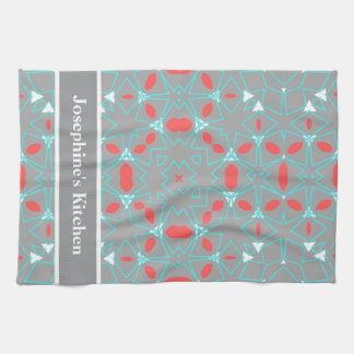 Elegante Koraal Turquoise Grijs Geometrisch Patroo Theedoek
