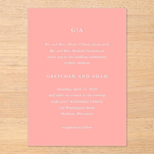 Elegante koraalroze moderne bruiloft acryl uitnodigingen (Voorkant)