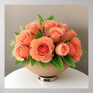 Elegante koraalrozen in glazen fles op tafel poster