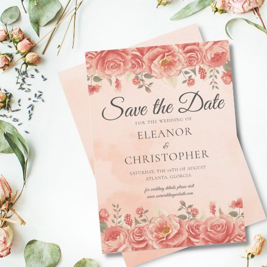 Elegante Koraalrozen Waterverf Perzik Bloemstuk Save The Date