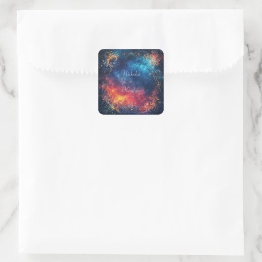 Elegante kosmische bruiloft vierkante sticker (Tas)