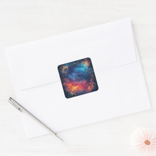 Elegante kosmische bruiloft vierkante sticker (Envelop)