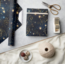 Elegante kosmische gloeiende harten in blauw en go cadeaupapier