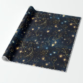 Elegante kosmische gloeiende harten in blauw en go cadeaupapier (Uitgerold)