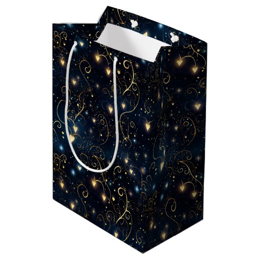 Elegante kosmische gloeiende harten in blauw en go medium cadeauzakje (Achterkant Gekanteld)