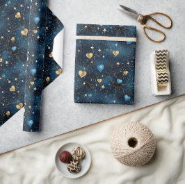 Elegante Kosmische Harten in Blauw en Goud Cadeaupapier